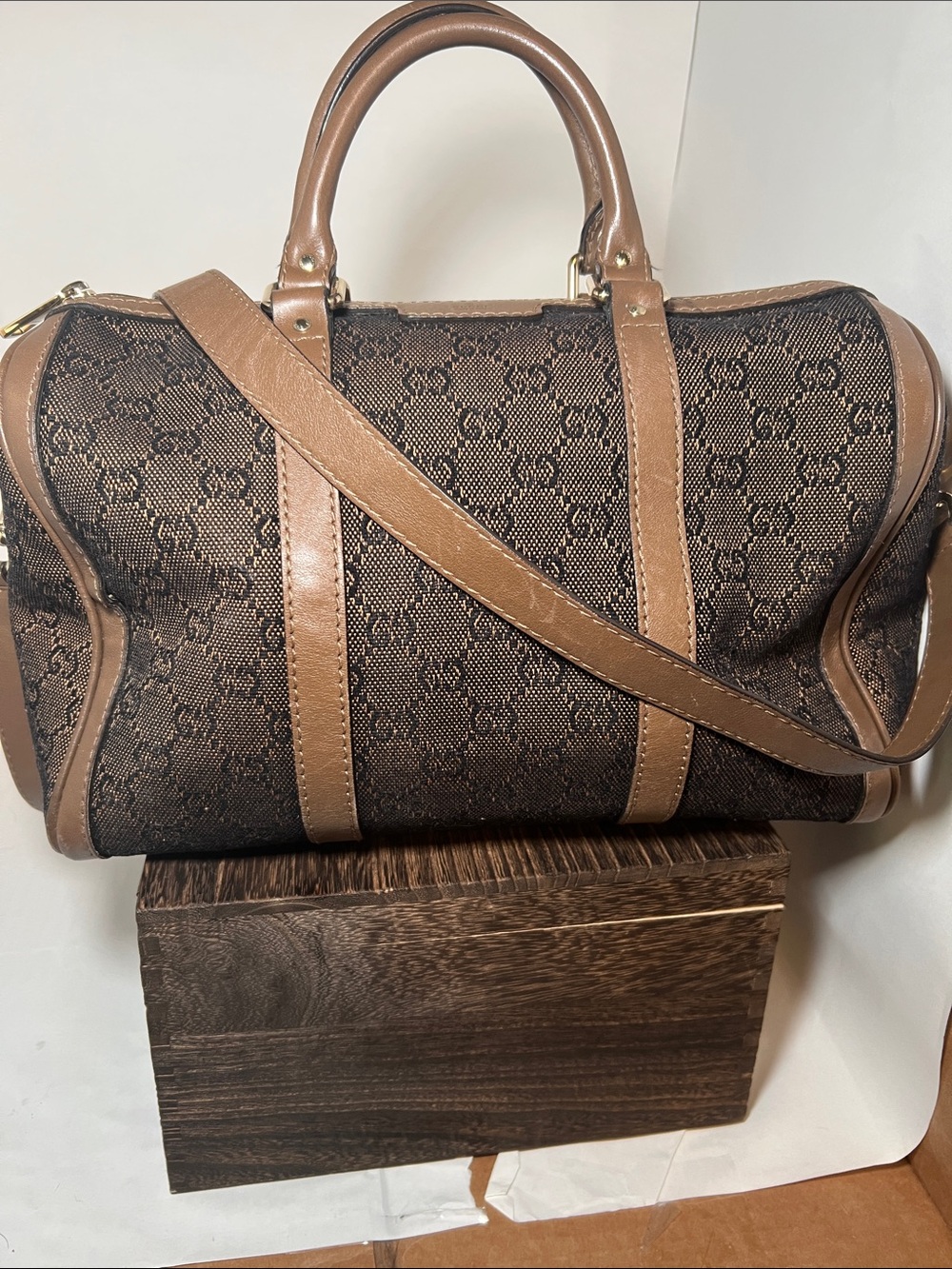 Gucci Brown Monogram Travel Duffel Bag with Tan Trim